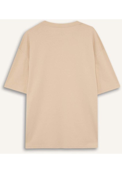 %100 Pamuk Oversize Geniş Kalıp Bisiklet Yaka Baskılı Kısa Kollu Tişört D8594AX25SP
