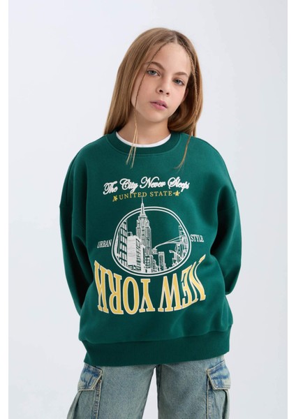 Kız Çocuk Oversize Geniş Kalıp Bisiklet Yaka Baskılı Sweatshirt D7045A824WN