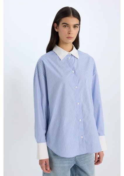 Oversize Geniş Kalıp Çizgili Poplin Uzun Kollu Gömlek