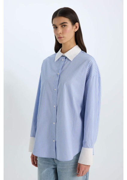 Oversize Geniş Kalıp Çizgili Poplin Uzun Kollu Gömlek