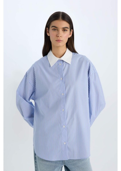 Oversize Geniş Kalıp Çizgili Poplin Uzun Kollu Gömlek