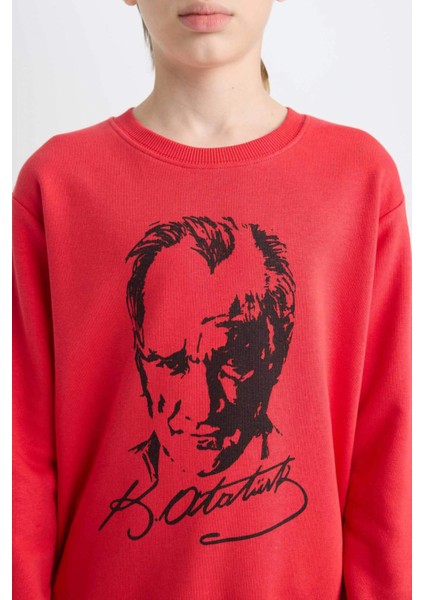 Erkek Çocuk 29 Ekim Cumhuriyet Bayramı Kırmızı Bisiklet Yaka Atatürk Baskılı Sweatshirt D8202A824WN