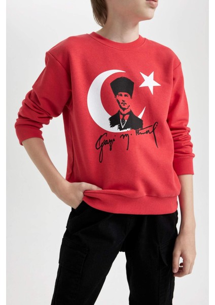Erkek Çocuk Bisiklet Yaka Atatürk Baskılı Kırmızı Sweatshirt D8199A824WN