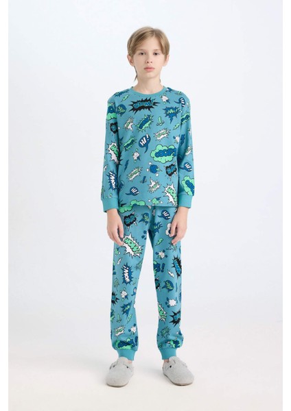 Erkek Çocuk Pijama Takımı Desenli Uzun Kollu Üst Beli Lastikli Uzun Alt D6322A824WN