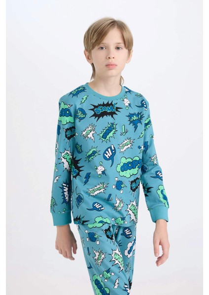 Erkek Çocuk Pijama Takımı Desenli Uzun Kollu Üst Beli Lastikli Uzun Alt D6322A824WN