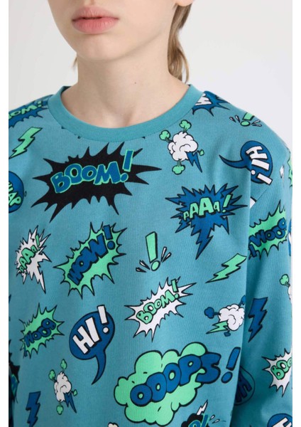 Erkek Çocuk Pijama Takımı Desenli Uzun Kollu Üst Beli Lastikli Uzun Alt D6322A824WN