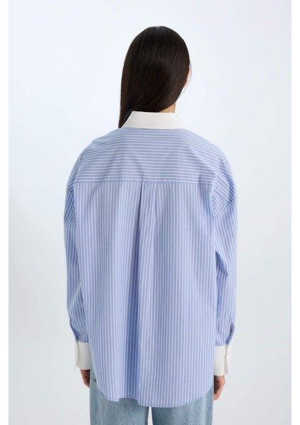 Oversize Geniş Kalıp Çizgili Poplin Uzun Kollu Gömlek
