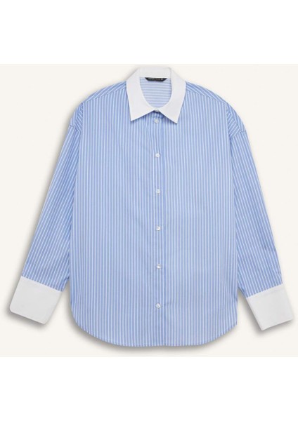 Oversize Geniş Kalıp Çizgili Poplin Uzun Kollu Gömlek