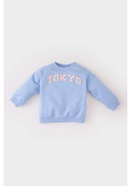 Kız Bebek Bisiklet Yaka Baskılı İçi Yumuşak Tüylü Sweatshirt D7871A525SP