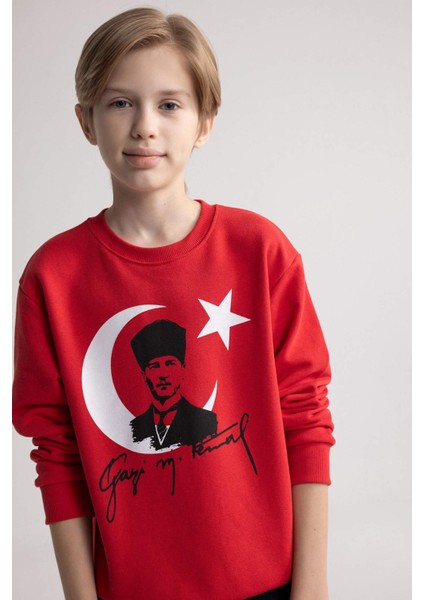 Erkek Çocuk Bisiklet Yaka Atatürk Baskılı Kırmızı Sweatshirt