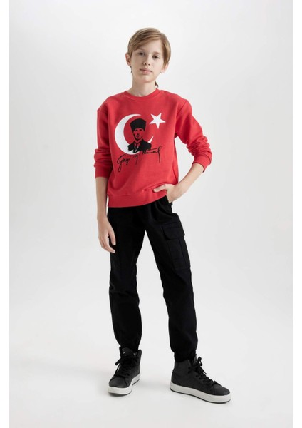Erkek Çocuk Bisiklet Yaka Atatürk Baskılı Kırmızı Sweatshirt