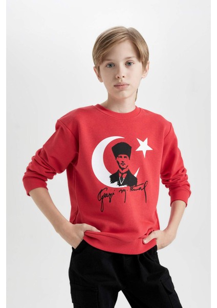 Erkek Çocuk Bisiklet Yaka Atatürk Baskılı Kırmızı Sweatshirt
