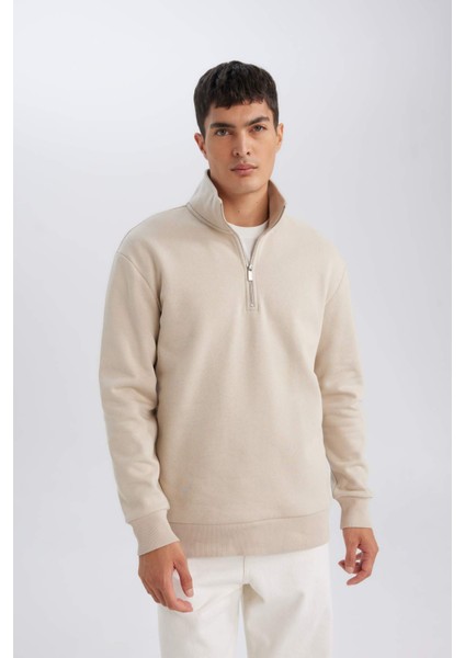 3 İplik Pamuklu Şardonlu İçi Polarlı Comfort Regular Fit Rahat Kalıp Dik Yaka Fermuarlı Kalın Sweatshirt D9067AXNS