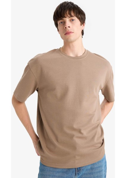 Oversize Geniş Kalıp Ütü Gerektirmeyen Bisiklet Yaka Kısa Kollu Basic Düz Ağır Kumaş Tişört X3926AZ25SP