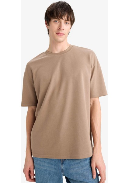 Oversize Geniş Kalıp Ütü Gerektirmeyen Bisiklet Yaka Kısa Kollu Basic Düz Ağır Kumaş Tişört X3926AZ25SP