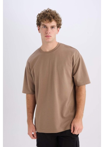 Oversize Geniş Kalıp Ütü Gerektirmeyen Bisiklet Yaka Kısa Kollu Basic Düz Ağır Kumaş Tişört X3926AZ25SP