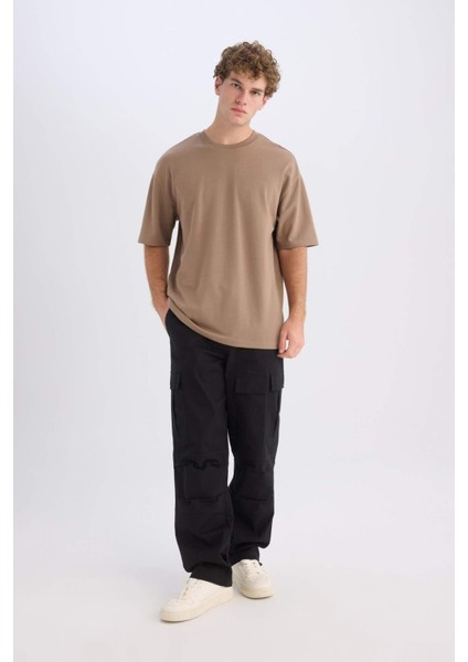 Oversize Geniş Kalıp Ütü Gerektirmeyen Bisiklet Yaka Kısa Kollu Basic Düz Ağır Kumaş Tişört X3926AZ25SP