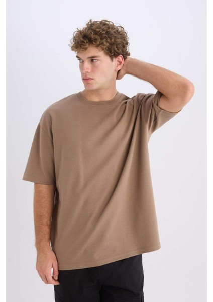 Oversize Geniş Kalıp Ütü Gerektirmeyen Bisiklet Yaka Kısa Kollu Basic Düz Ağır Kumaş Tişört X3926AZ25SP