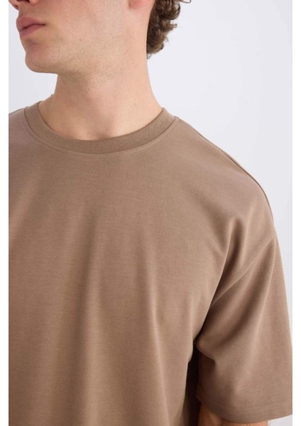 Oversize Geniş Kalıp Ütü Gerektirmeyen Bisiklet Yaka Kısa Kollu Basic Düz Ağır Kumaş Tişört X3926AZ25SP