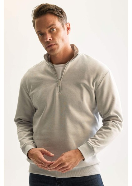Gri 3 İplik Pamuklu Şardonlu İçi Polarlı Comfort Regular Fit Rahat Kalıp Dik Yaka Fermuarlı Kalın Sweatshirt D9067AXNS
