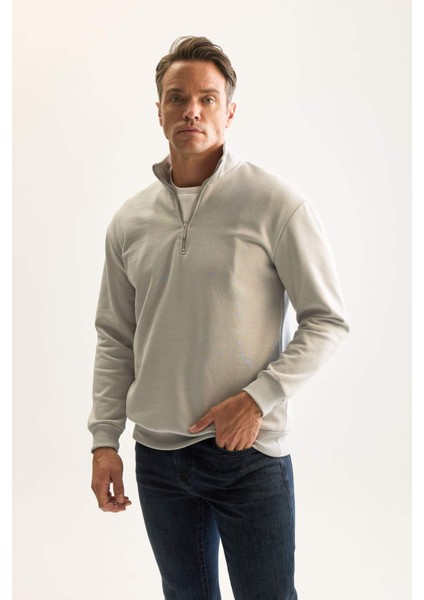 Gri 3 İplik Pamuklu Şardonlu İçi Polarlı Comfort Regular Fit Rahat Kalıp Dik Yaka Fermuarlı Kalın Sweatshirt D9067AXNS