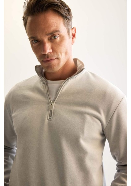 Gri 3 İplik Pamuklu Şardonlu İçi Polarlı Comfort Regular Fit Rahat Kalıp Dik Yaka Fermuarlı Kalın Sweatshirt D9067AXNS