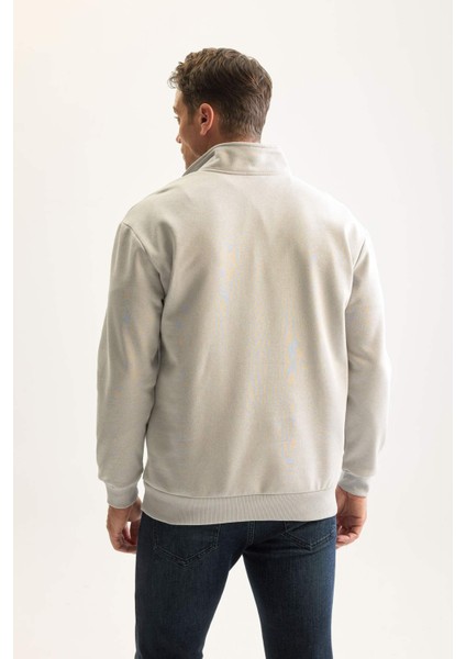 Gri 3 İplik Pamuklu Şardonlu İçi Polarlı Comfort Regular Fit Rahat Kalıp Dik Yaka Fermuarlı Kalın Sweatshirt D9067AXNS