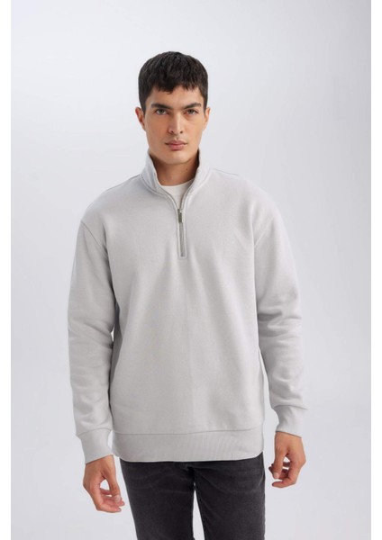 Gri 3 İplik Pamuklu Şardonlu İçi Polarlı Comfort Regular Fit Rahat Kalıp Dik Yaka Fermuarlı Kalın Sweatshirt D9067AXNS