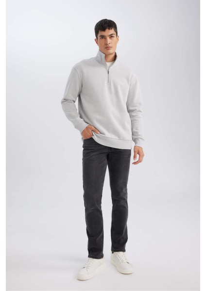 Gri 3 İplik Pamuklu Şardonlu İçi Polarlı Comfort Regular Fit Rahat Kalıp Dik Yaka Fermuarlı Kalın Sweatshirt D9067AXNS