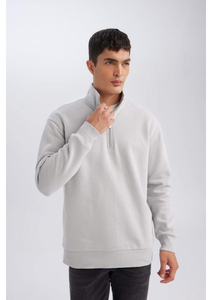 Gri 3 İplik Pamuklu Şardonlu İçi Polarlı Comfort Regular Fit Rahat Kalıp Dik Yaka Fermuarlı Kalın Sweatshirt D9067AXNS