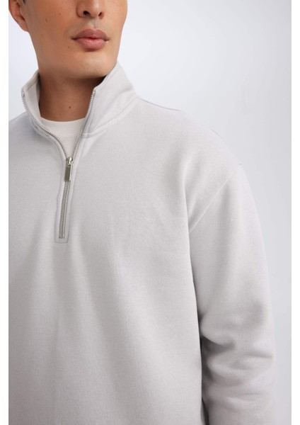 Gri 3 İplik Pamuklu Şardonlu İçi Polarlı Comfort Regular Fit Rahat Kalıp Dik Yaka Fermuarlı Kalın Sweatshirt D9067AXNS