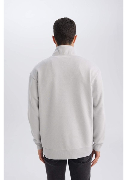Gri 3 İplik Pamuklu Şardonlu İçi Polarlı Comfort Regular Fit Rahat Kalıp Dik Yaka Fermuarlı Kalın Sweatshirt D9067AXNS