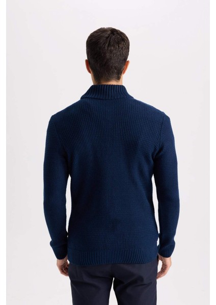 Lacivert Standart Fit Normal Kesim Yarım Balıkçı Yaka Fermuarlı Waffle Hırka R1195AZNS