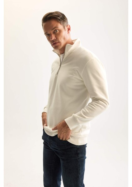 3 İplik Pamuklu Şardonlu İçi Polarlı Comfort Regular Fit Rahat Kalıp Dik Yaka Fermuarlı Kalın Sweatshirt D9067AXNS