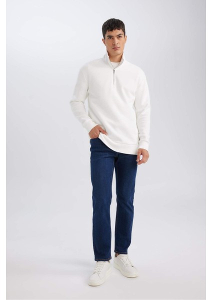 3 İplik Pamuklu Şardonlu İçi Polarlı Comfort Regular Fit Rahat Kalıp Dik Yaka Fermuarlı Kalın Sweatshirt D9067AXNS