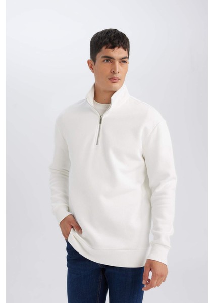3 İplik Pamuklu Şardonlu İçi Polarlı Comfort Regular Fit Rahat Kalıp Dik Yaka Fermuarlı Kalın Sweatshirt D9067AXNS