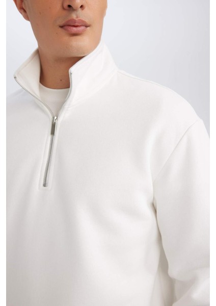 3 İplik Pamuklu Şardonlu İçi Polarlı Comfort Regular Fit Rahat Kalıp Dik Yaka Fermuarlı Kalın Sweatshirt D9067AXNS