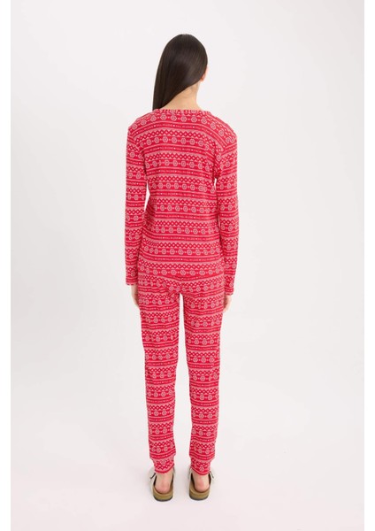 Pijama Takımı Waffle Kumaş Uzun Kollu Üst Beli Lastikli Uzun Alt-Fall in Love D2284AX24WN