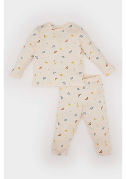 Erkek Bebek Pijama Takımı Safari Baskılı Fitilli Kaşkorse Uzun Kollu Üst Beli Lastikli Uzun Alt D9072A525SP