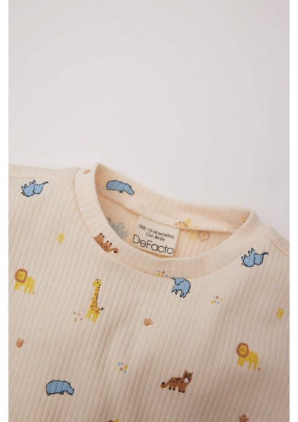 Erkek Bebek Pijama Takımı Safari Baskılı Fitilli Kaşkorse Uzun Kollu Üst Beli Lastikli Uzun Alt D9072A525SP