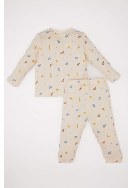 Erkek Bebek Pijama Takımı Safari Baskılı Fitilli Kaşkorse Uzun Kollu Üst Beli Lastikli Uzun Alt D9072A525SP