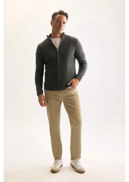 Lacivert Standart Fit Normal Kesim Yarım Balıkçı Yaka Fermuarlı Waffle Hırka