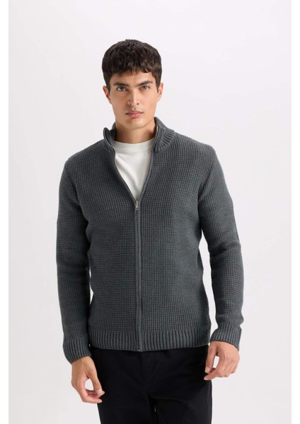 Lacivert Standart Fit Normal Kesim Yarım Balıkçı Yaka Fermuarlı Waffle Hırka