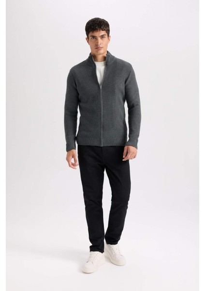 Lacivert Standart Fit Normal Kesim Yarım Balıkçı Yaka Fermuarlı Waffle Hırka