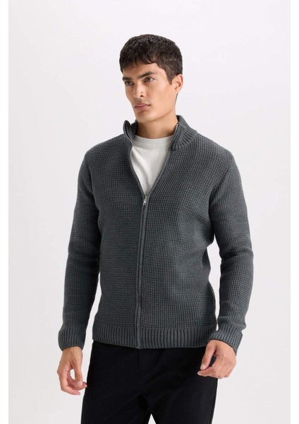 Lacivert Standart Fit Normal Kesim Yarım Balıkçı Yaka Fermuarlı Waffle Hırka