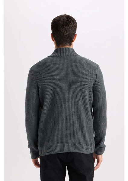 Lacivert Standart Fit Normal Kesim Yarım Balıkçı Yaka Fermuarlı Waffle Hırka