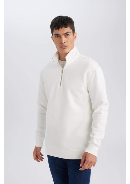 3 İplik Pamuklu Şardonlu İçi Polarlı Comfort Regular Fit Rahat Kalıp Dik Yaka Fermuarlı Kalın Sweatshirt D9067AXNS