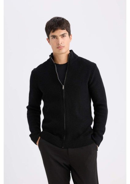 Lacivert Standart Fit Normal Kesim Yarım Balıkçı Yaka Fermuarlı Waffle Hırka