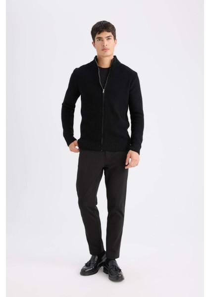 Lacivert Standart Fit Normal Kesim Yarım Balıkçı Yaka Fermuarlı Waffle Hırka