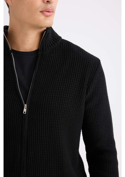 Lacivert Standart Fit Normal Kesim Yarım Balıkçı Yaka Fermuarlı Waffle Hırka